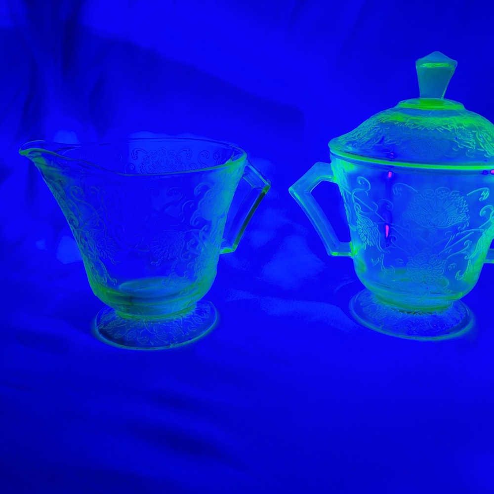 Hazel Atlas Florentine Poppy Green Uranium Glass Creamer and Lidded Sugar Set